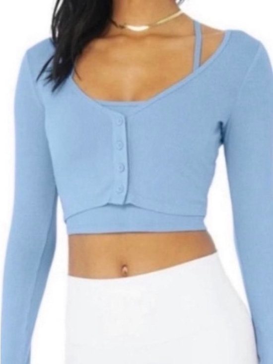 ALO Yoga Tops - ALO Yoga Ribbed Cropped Whisper Shirt Top L/S Cardigan-Blue Skies-New-S-Athletic